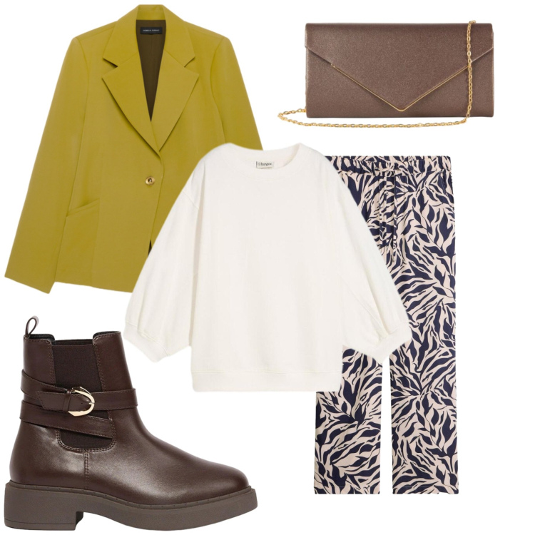 Outfit donna - Soft autumn. Stile Casual chic per Tutti i giorni. Abbinamento con blazer, clutch, stivaletti, felpe, pantaloni.
