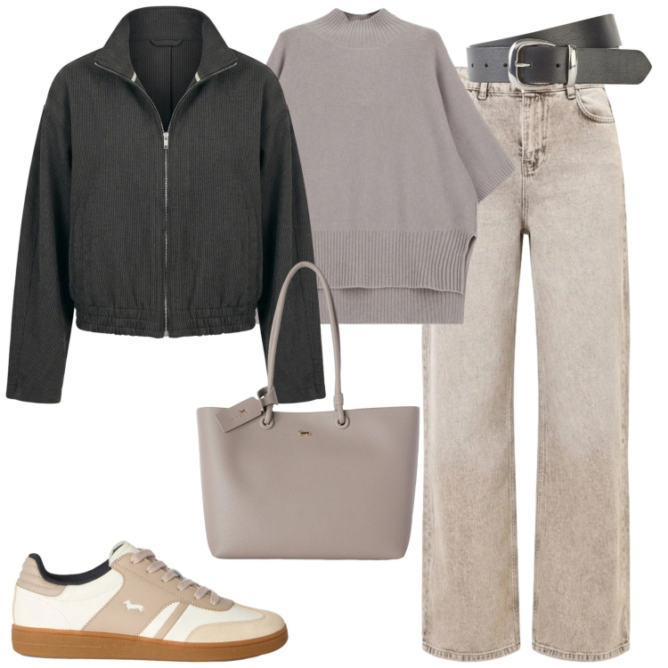 Outfit donna - Ottobre. Stile Casual chic per Tutti i giorni. Abbinamento con sneakers, shopping bag, maglieria, bomber, jeans dritti, cinture.