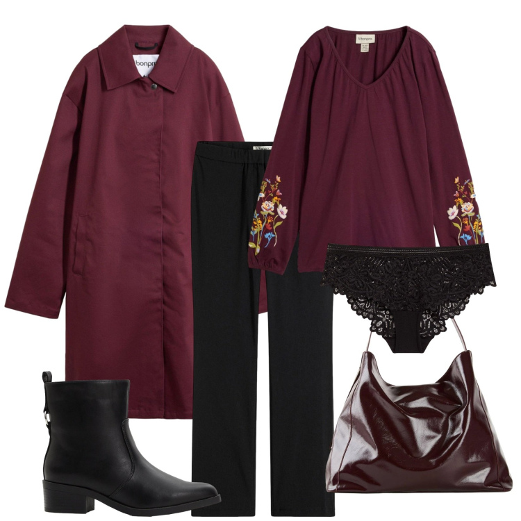 Outfit donna - Scende la pioggia. Stile Basic per Ufficio. Abbinamento con maglieria, pantaloni, shopping bag, stivaletti, culotte, trench.