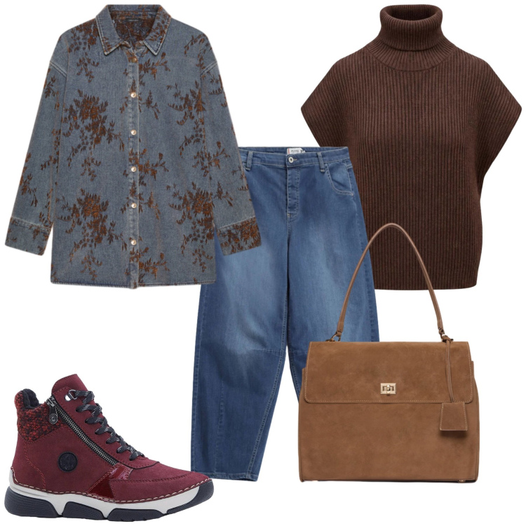 Outfit donna - Total look #2498878. Stile Casual chic per Tutti i giorni. Abbinamento con maglieria, cappotti, borse a mano, jeans, stivaletti.