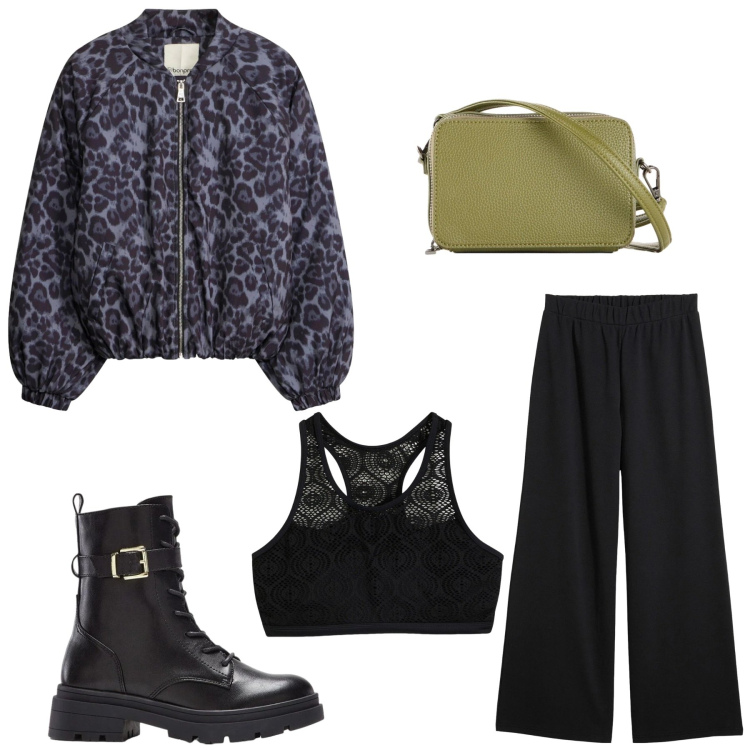 Outfit donna - Night out. Stile Rock per Serata fuori. Abbinamento con pantaloni, top, anfibi, bomber, borse a tracolla.