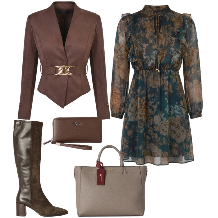 Outfit donna - Riflessi d’autunno. Stile Chic per Cerimonia. Abbinamento con borse a mano, portafogli, stivali, vestiti corti, blazer.