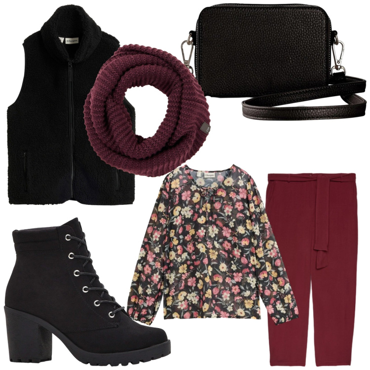 Outfit donna - Dayoff. Stile Casual per Tutti i giorni. Abbinamento con pantaloni, stivaletti, borse a tracolla, bluse, sciarpe, gilet.