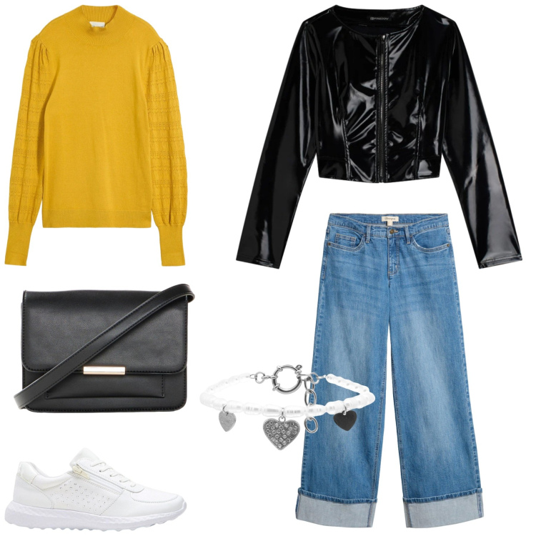Outfit donna - Teen. Stile Casual per Scuola/Università. Abbinamento con braccialetti, giacche, sneakers, borse a tracolla, pullovers, jeans.