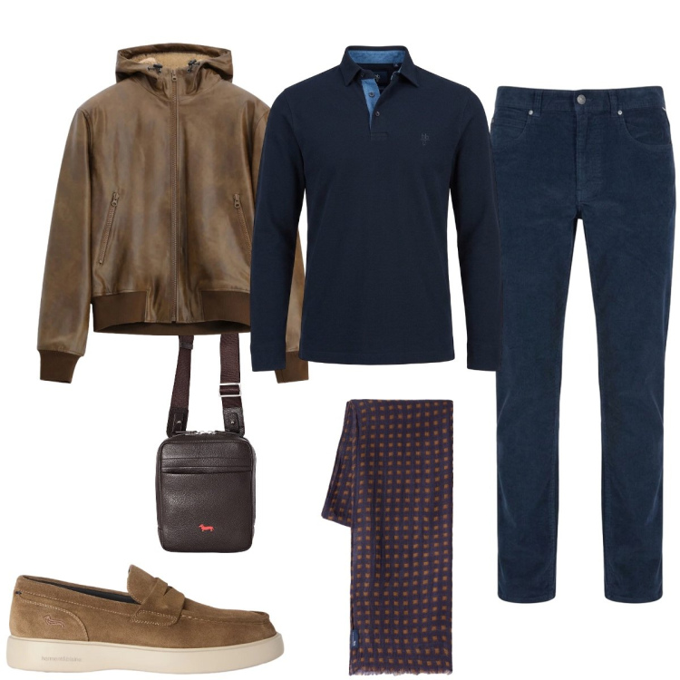Outfit uomo - Sfumature urbane. Stile Urban per Tutti i giorni. Abbinamento con scarpe stringate, borse sportive, sciarpe, pantaloni, polo, bomber.