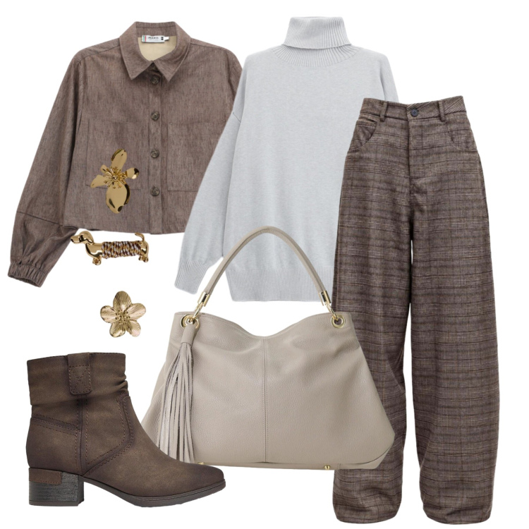 Outfit donna - Ottobre. Stile Casual per Tutti i giorni. Abbinamento con pantaloni, borse a spalla, portachiavi, pullovers, cappotti, stivaletti.