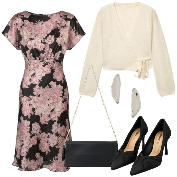 Outfit donna - Eleganza discreta. Stile Romantica per Serata fuori. Abbinamento con borse a tracolla, orecchini, vestiti midi/longuette, décolleté, cardigans.