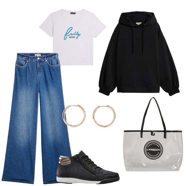 Outfit donna - Teen. Stile Casual per Scuola/Università. Abbinamento con shopping bag, t-shirt, felpe con cappuccio, sneakers alte, jeans, orecchini.