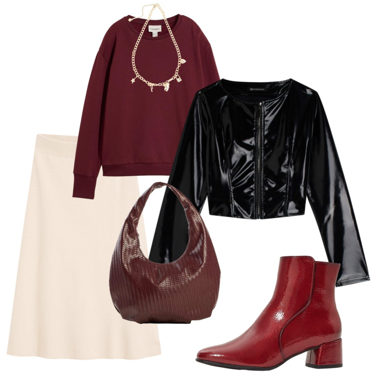 Outfit donna - La gonna cipria. Stile Trendy per Tutti i giorni. Abbinamento con giacche, collane, stivaletti, felpe, gonne, borse a spalla.