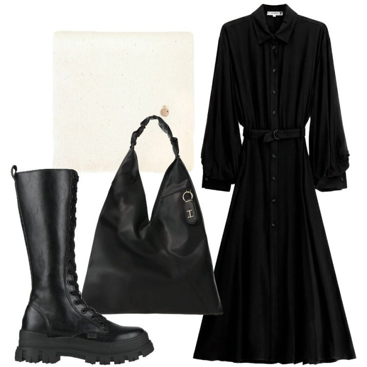 Outfit donna - Comoda con abito e anfibi. Stile Rock per Tutti i giorni. Abbinamento con borse a spalla, vestiti lunghi, sciarpe, stivali.