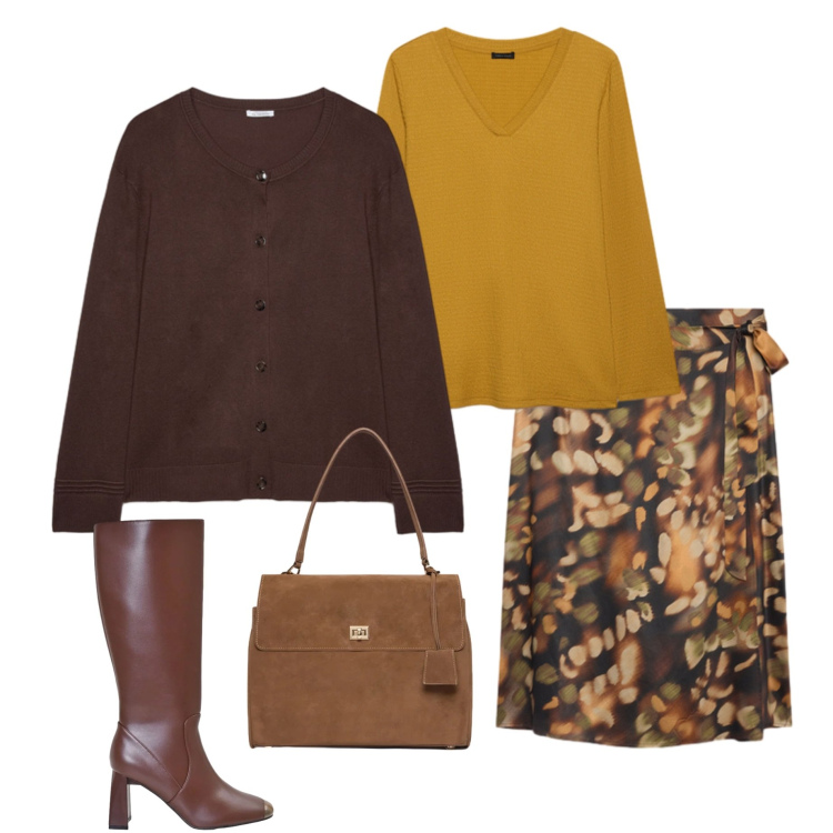 Outfit donna - Gonna pareo. Stile Casual chic per Ufficio. Abbinamento con t-shirt, cardigans, gonne longuette, borse a mano, stivali sopra il ginocchio.