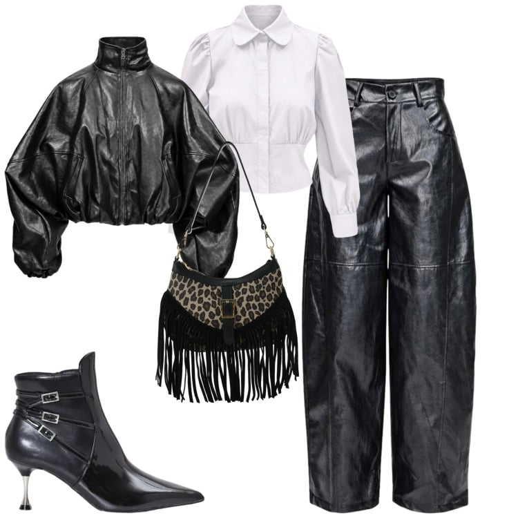 Outfit donna - I Am. Stile Trendy per Tutti i giorni. Abbinamento con pantaloni a palazzo, bomber, camicie, borse a spalla, stivaletti.