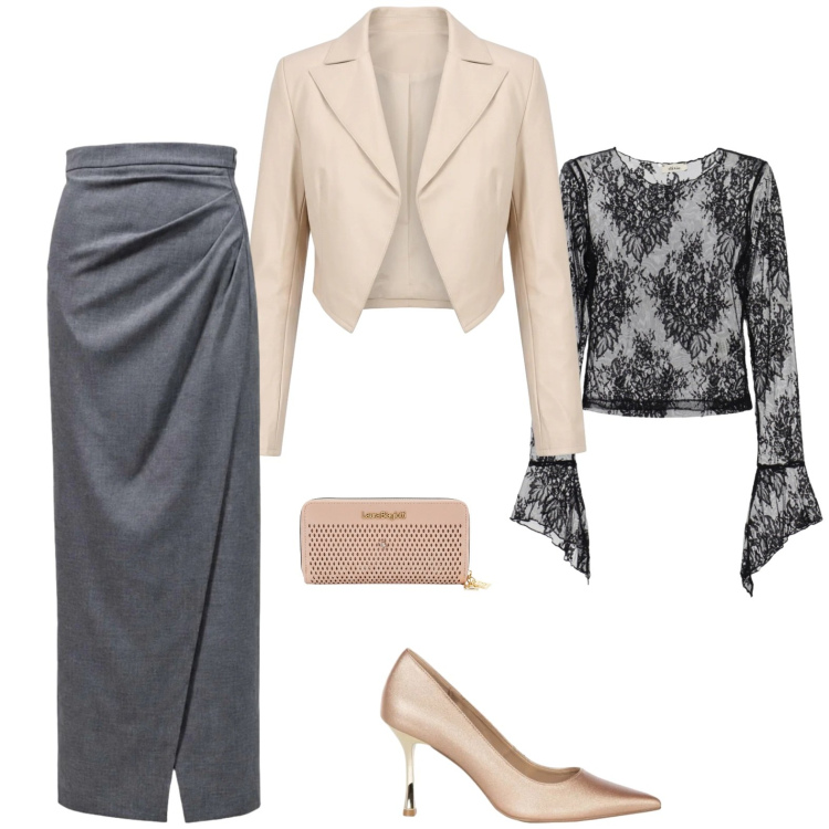 Outfit donna - Scorpione sensuale. Stile Chic per Serata fuori. Abbinamento con gonne lunghe, top, décolleté, blazer, portafogli.