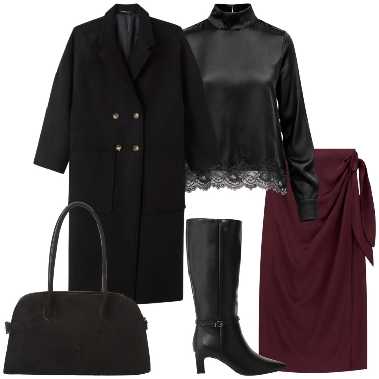 Outfit donna - Con gli stivali. Stile Casual chic per Serata fuori. Abbinamento con bluse, gonne lunghe, stivali, borse a spalla, cappotti.
