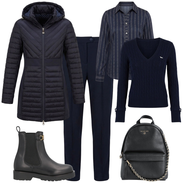 Outfit donna - Sporty chic ufficio tempo libero. Stile Sporty chic per Ufficio. Abbinamento con pantaloni, piumini, maglieria, camicie, stivaletti chelsea, zaini.
