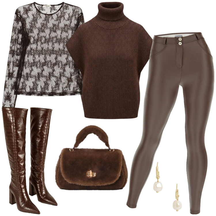 Outfit donna - Scorpion mood. Stile Casual chic per Tutti i giorni. Abbinamento con maglieria, pantaloni skinny, orecchini, top, borse a mano, stivali.
