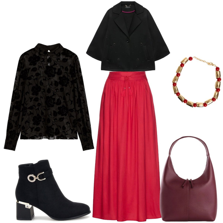 Outfit donna - Fiamma di stile. Stile Chic per Serata fuori. Abbinamento con cappotti, collane, maglieria, stivaletti, borse a mano, gonne lunghe.