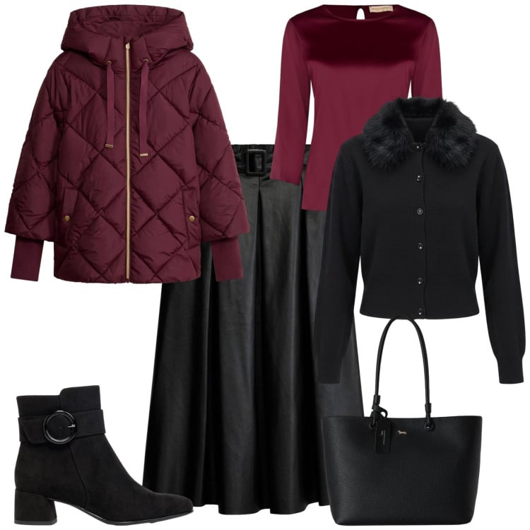 Outfit donna - Casual chic ufficio tempo libero. Stile Casual chic per Ufficio. Abbinamento con shopping bag, bluse, cardigans, stivaletti, piumini, gonne longuette.