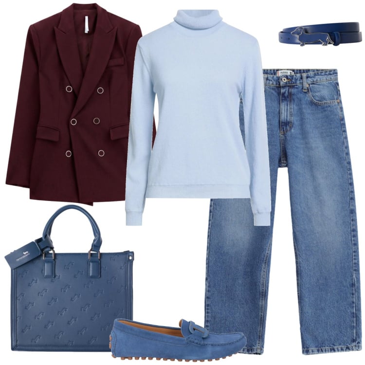 Outfit donna - Anni '90 inspiration. Stile Casual chic per Ufficio. Abbinamento con borse a mano, cinture, blazer, jeans dritti, mocassini, maglieria.