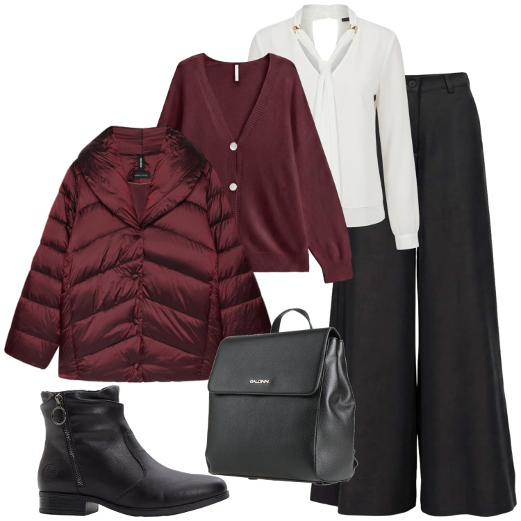 Outfit donna - Casual chic ufficio tempo libero. Stile Casual chic per Ufficio. Abbinamento con pantaloni a palazzo, cardigans, piumini, bluse, zaini, stivaletti.