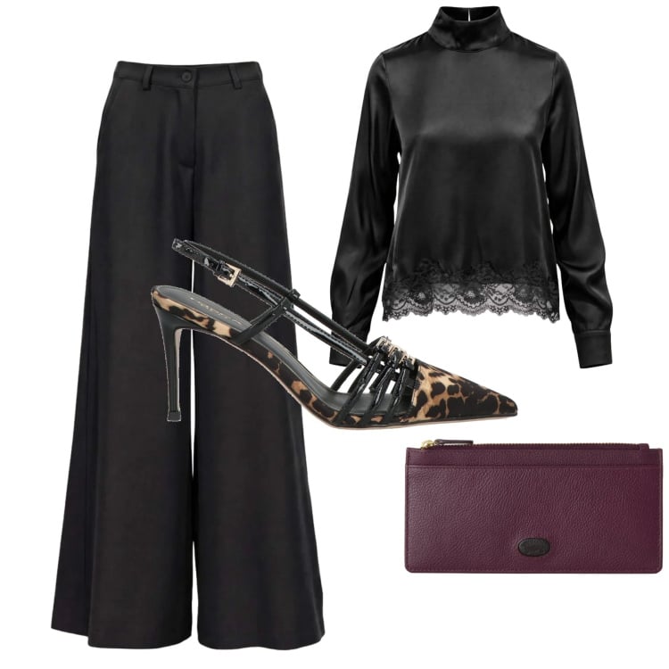 Outfit donna - I am. Stile Chic per Serata fuori. Abbinamento con pantaloni a palazzo, bluse, portafogli, décolleté.