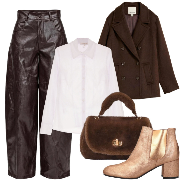 Outfit donna - Pantalone in semil pelle. Stile Rock per Serata fuori. Abbinamento con pantaloni a palazzo, camicie, borse a mano, stivaletti chelsea, caban.