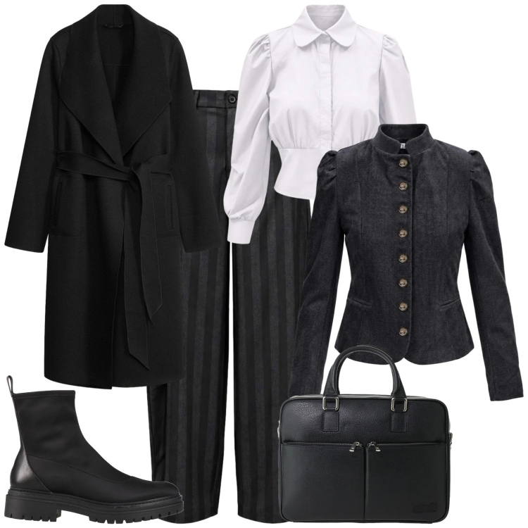 Outfit donna - Mannish ufficio tempo libero. Stile Mannish per Ufficio. Abbinamento con blazer, pantaloni, camicie, borse messenger, stivaletti, cappotti.