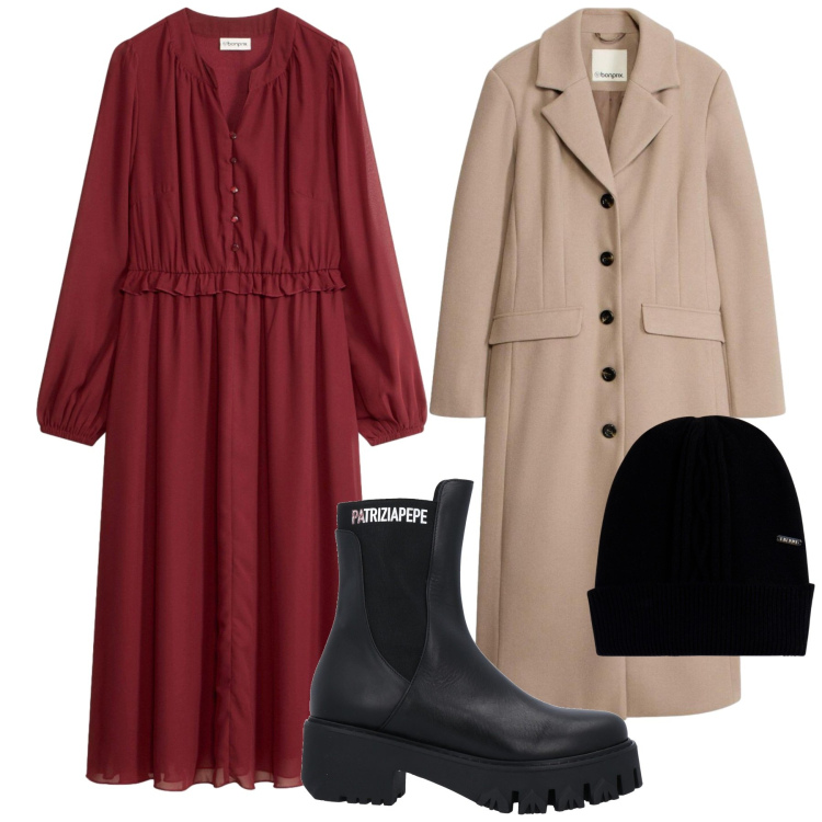 Outfit donna - Primi freddi. Stile Casual chic per Tutti i giorni. Abbinamento con berretti, stivaletti, vestiti, cappotti.