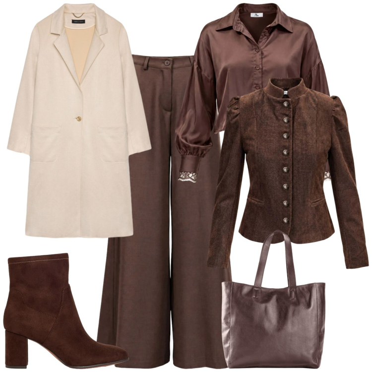 Outfit donna - Minimal chic ufficio tempo libero. Stile Minimal per Ufficio. Abbinamento con blazer, pantaloni a palazzo, camicie, cappotti, stivaletti, shopping bag.