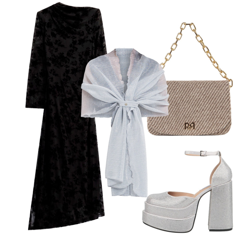 Outfit donna - Serata. Stile Glamour per Serata fuori. Abbinamento con vestiti midi/longuette, stole, borse a spalla, décolleté.