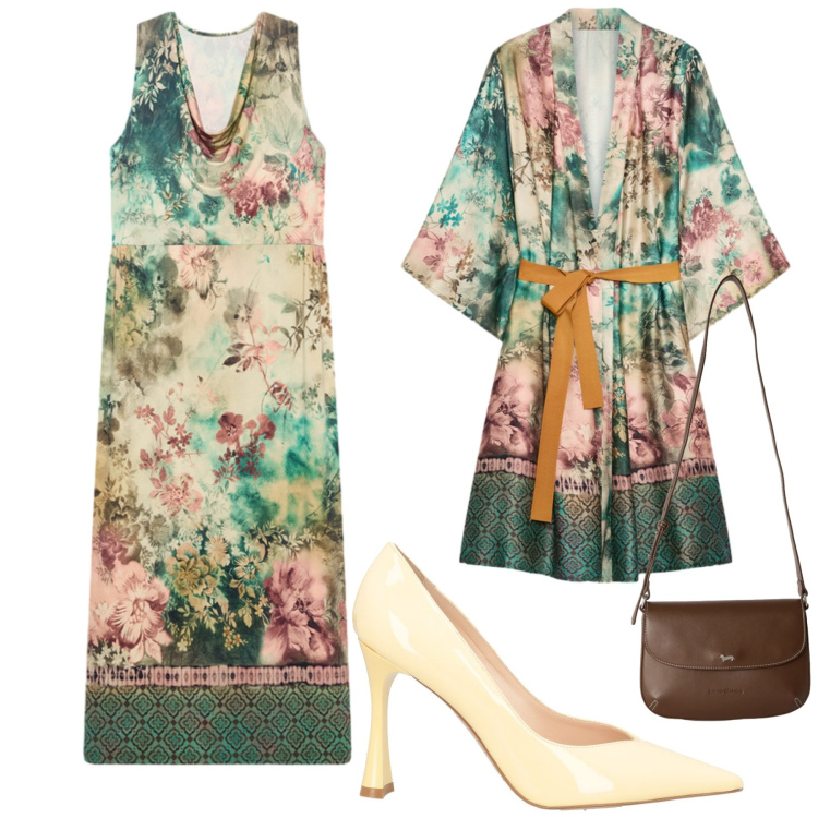 Outfit donna - Cerimonia. Stile Romantica per Cerimonia. Abbinamento con borse a tracolla, vestiti lunghi, kimono, décolleté.