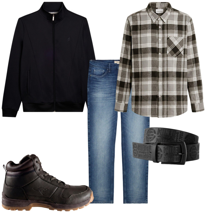 Outfit uomo - Total look #2498981. Stile Casual per Tutti i giorni. Abbinamento con bomber, cinture, jeans dritti, camicie, stivali e stivaletti.