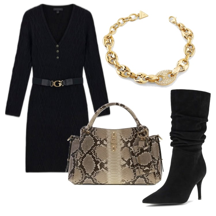 Outfit mujer - Chic outfit. Estilo Chic para Todos los días. Combinación con pulseras, botas, bolsos de mano, vestidos cortos.