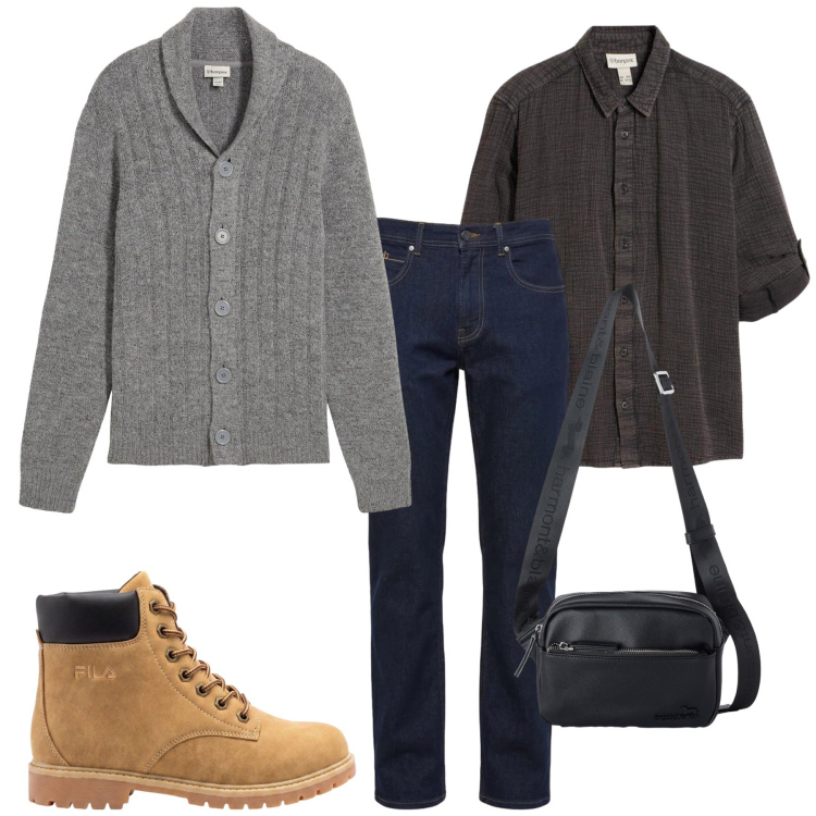 Outfit uomo - Total look #2498991. Stile Casual per Tutti i giorni. Abbinamento con borse sportive, jeans, cardigans, camicie, stivali e stivaletti.