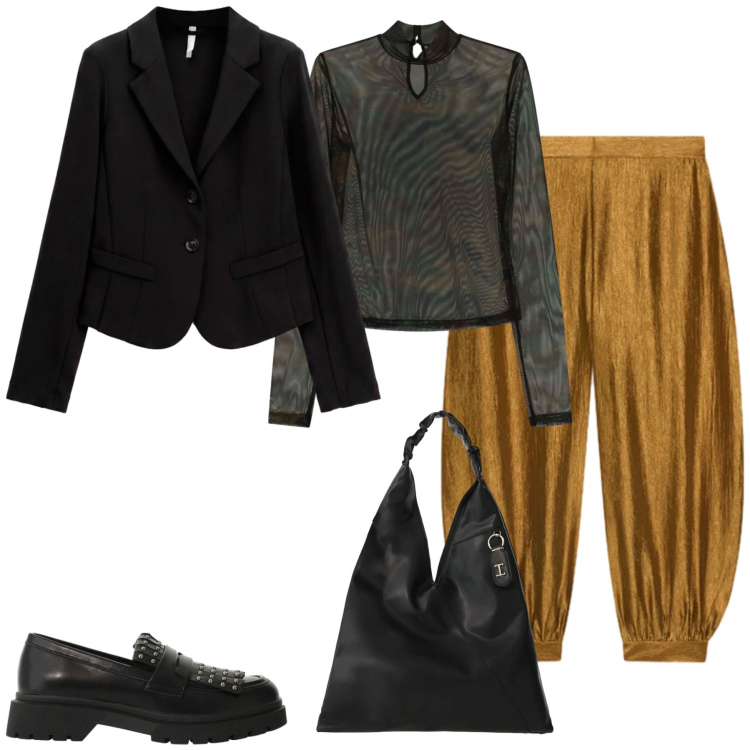 Outfit donna - Total look #2499013. Stile Glamour per Serata fuori. Abbinamento con blazer, borse a spalla, mocassini, pantaloni, top.