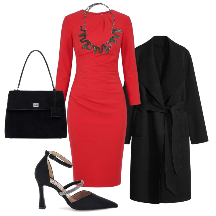 Outfit donna - Il tubino rosso a cena. Stile Chic per Serata fuori. Abbinamento con borse a mano, ciondoli, vestiti midi/longuette, cappotti, décolleté.