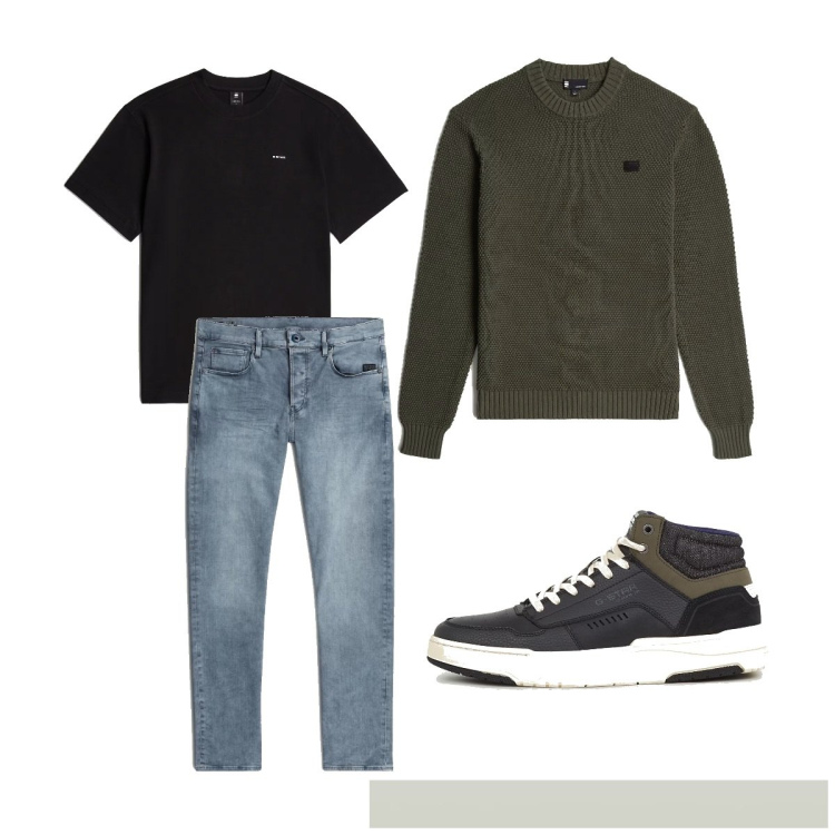 Outfit homme - Kaki noir. Style Casual pour Tous les jours. Assortir avec jean coupe droite, pulls, sneakers, t-shirts.