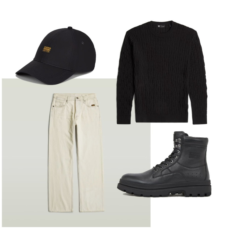 Outfit homme - Casual #16088. Style Casual pour Tous les jours. Assortir avec chapeaux avec visière, jean coupe droite, pulls, bottes.