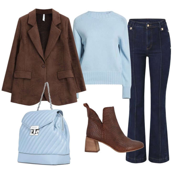 Outfit donna - Un abbinamento d'effetto. Stile Casual chic per Tutti i giorni. Abbinamento con blazer, jeans, zaini, stivaletti, pullovers.