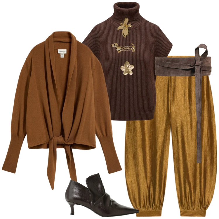 Outfit donna - Total look #2499041. Stile Trendy per Serata fuori. Abbinamento con cinture, maglieria, stivaletti, pantaloni, portachiavi, cardigans.