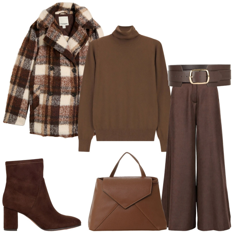 Outfit donna - Total look #2499046. Stile Casual chic per Ufficio. Abbinamento con pantaloni a palazzo, borse a mano, pullovers, blazer, stivaletti, cinture.