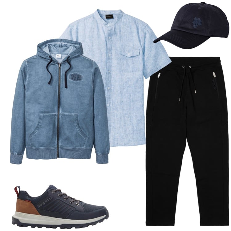 Outfit uomo - Total look #2499049. Stile Casual per Tutti i giorni. Abbinamento con cappelli con visiera, pantaloni, felpe con cappuccio, camicie a manica corta, sneakers.