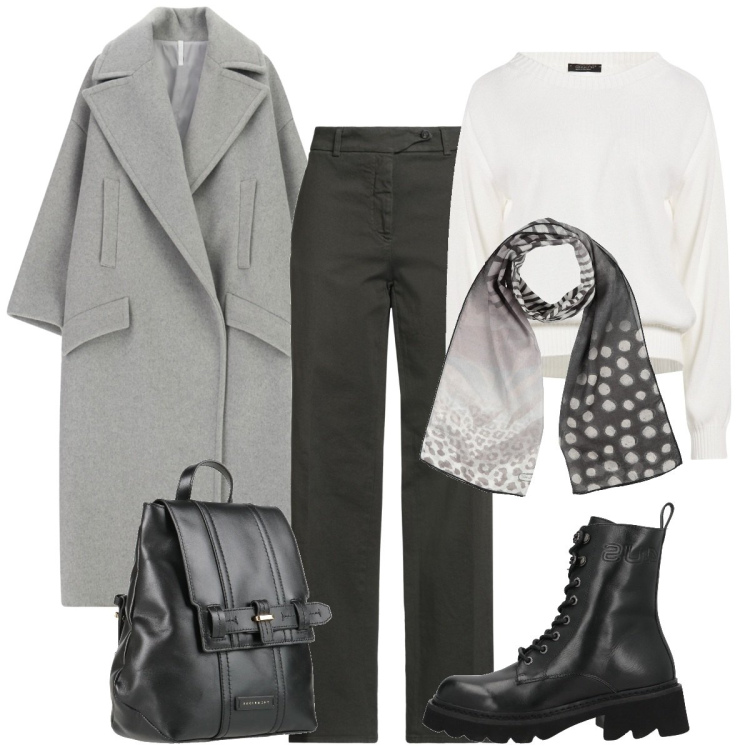 Outfit donna - Cappotto. Stile Basic per Tutti i giorni. Abbinamento con cappotti, jeans dritti, zaini, stivaletti, pullovers, sciarpe.