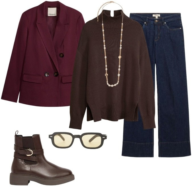 Outfit donna - Total look #2499057. Stile Casual chic per Ufficio. Abbinamento con collane, occhiali da sole, pullovers, jeans, blazer, stivaletti.
