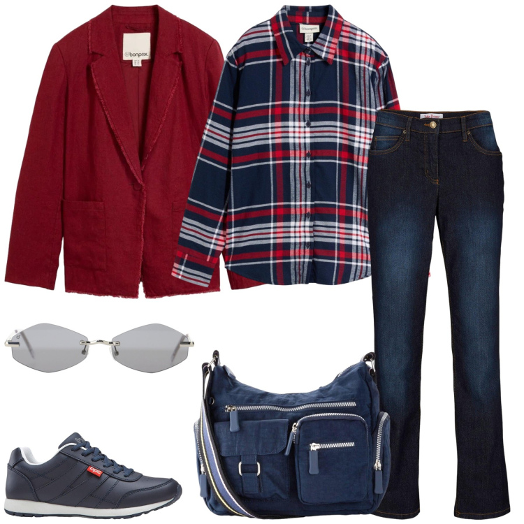 Outfit donna - Università. Stile Casual per Scuola/Università. Abbinamento con occhiali da sole, camicie, jeans dritti, sneakers, blazer, borse a tracolla.