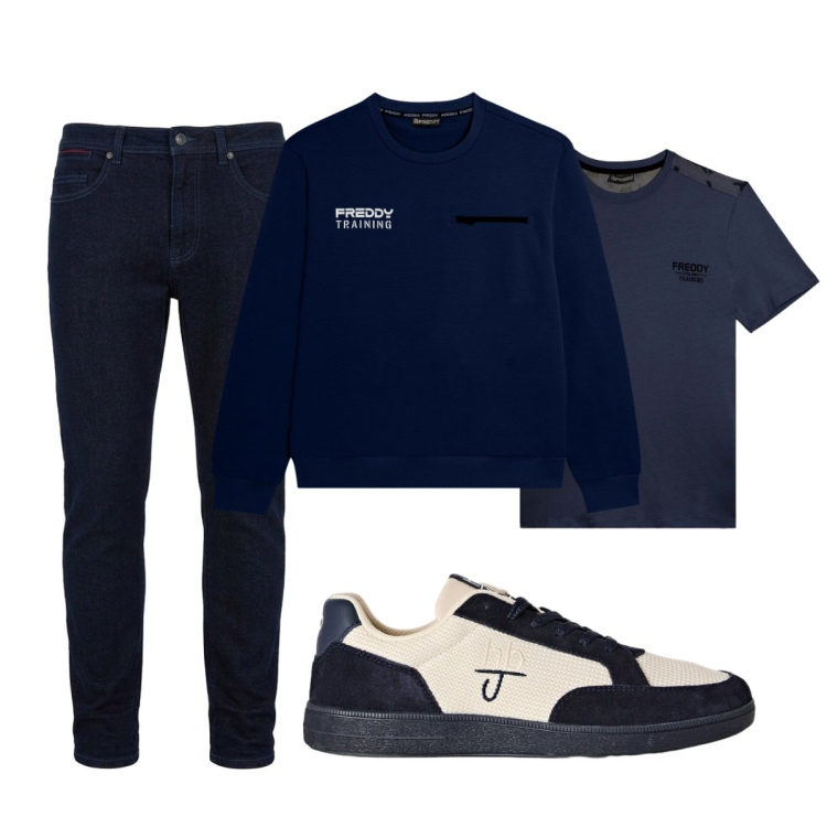 Outfit uomo - Total look #2499066. Stile Casual per Tutti i giorni. Abbinamento con jeans slim fit, sneakers, t-shirt, felpe.