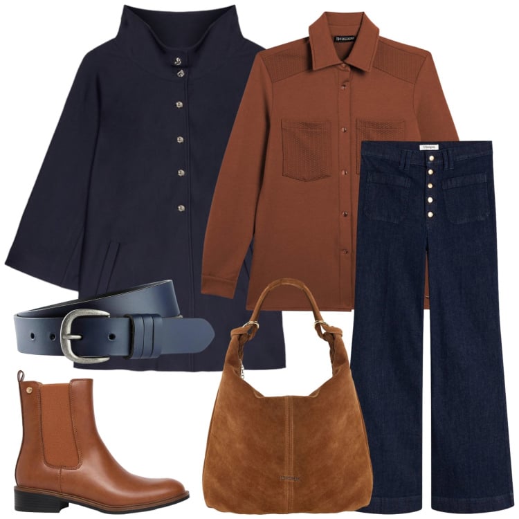 Outfit donna - Università. Stile Casual per Scuola/Università. Abbinamento con borse a spalla, blazer, camicie, jeans a zampa, stivaletti chelsea, cinture.