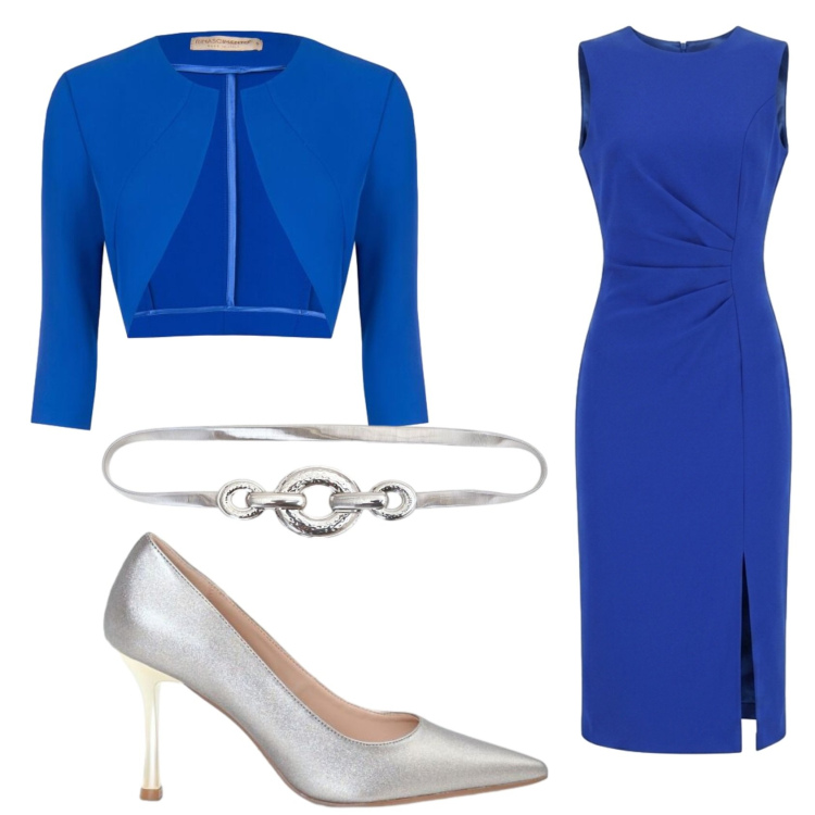 Outfit donna - Cerimonia in blu e argento. Stile Bon Ton per Cerimonia. Abbinamento con décolleté, vestiti midi/longuette, cinture, blazer.