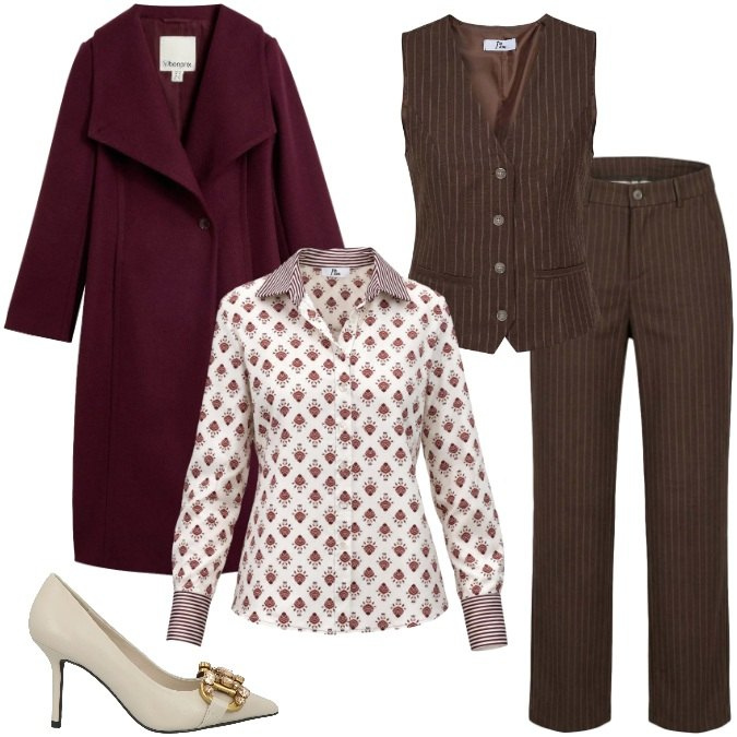 Outfit donna - Total look #2499075. Stile Casual chic per Ufficio. Abbinamento con pantaloni, camicie, gilet, décolleté, cappotti.