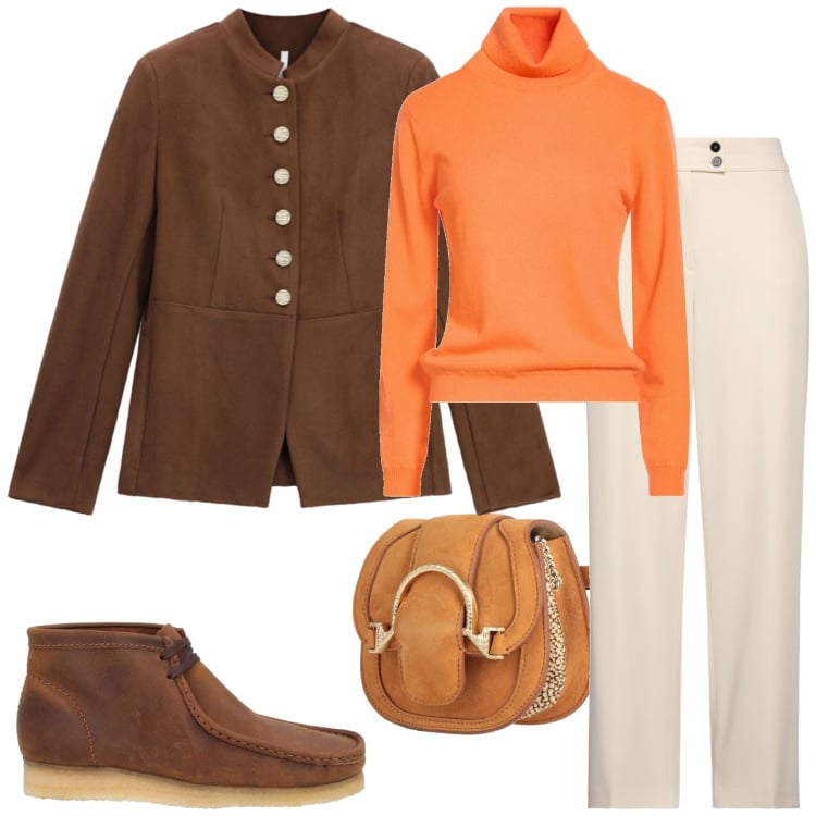 Outfit donna - Casual. Stile Casual per Tutti i giorni. Abbinamento con blazer, stivaletti, marsupi, maglieria, pantaloni.